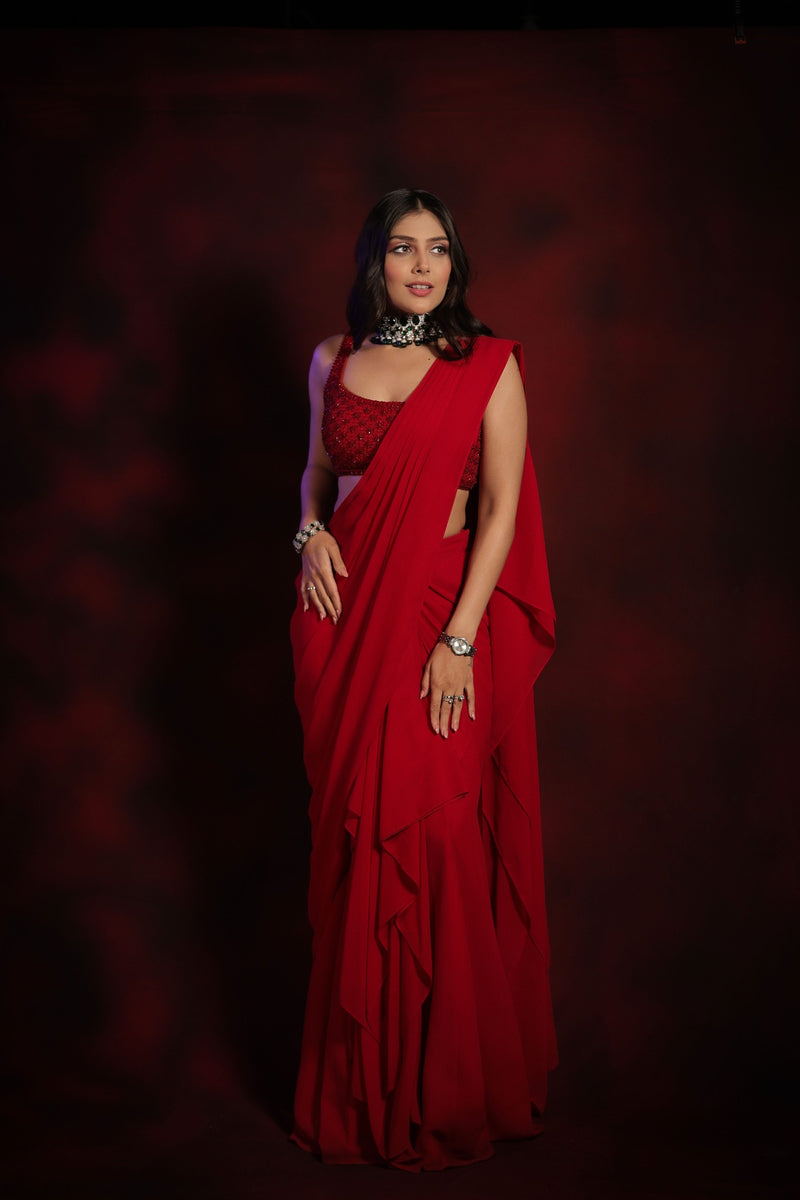 VERMILION TWINKLE PRE-STITCHED SARI SET