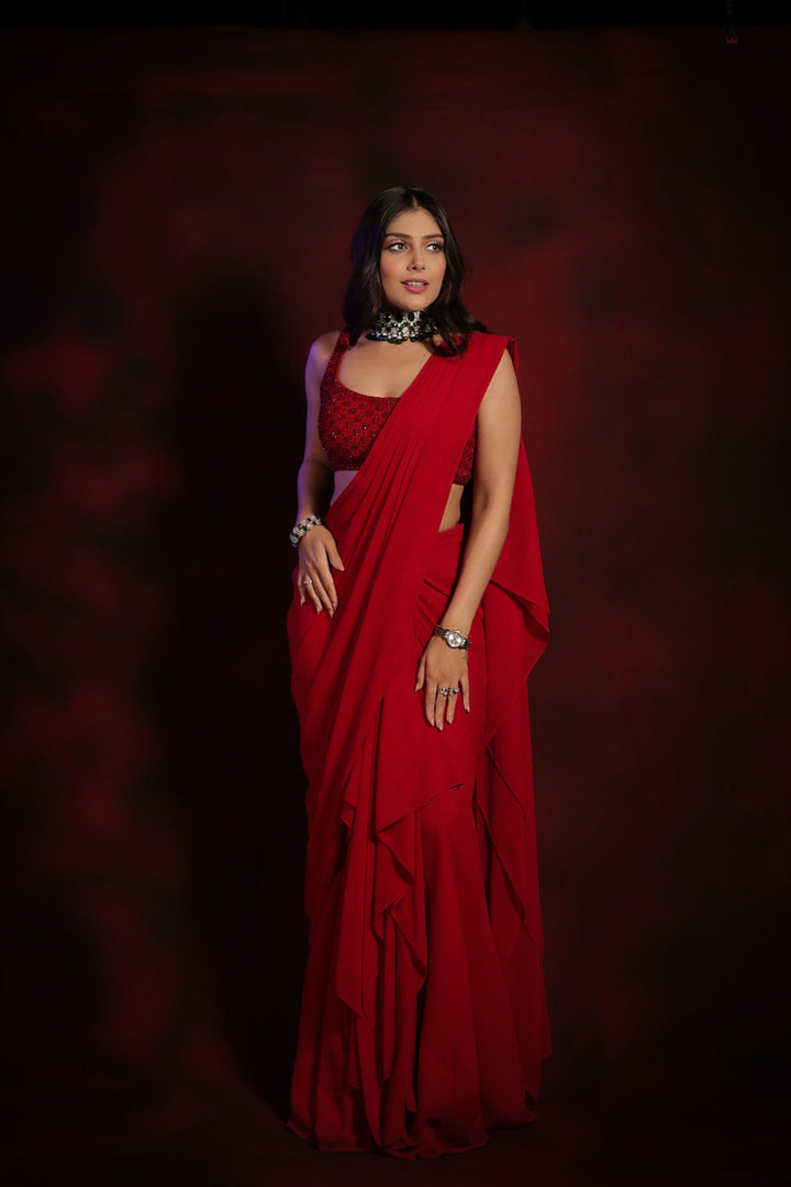 VERMILION TWINKLE PRE-STITCHED SARI SET