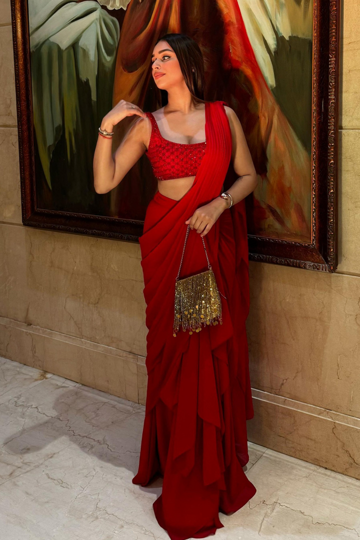 VERMILION TWINKLE PRE-STITCHED SARI SET