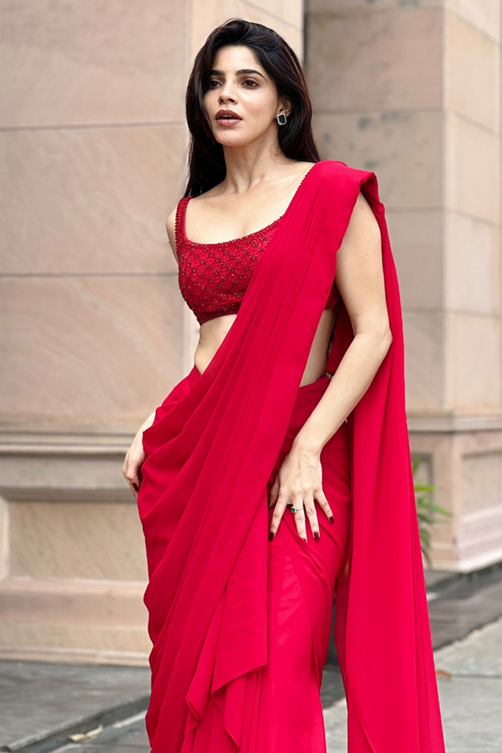 VERMILION TWINKLE PRE-STITCHED SARI SET